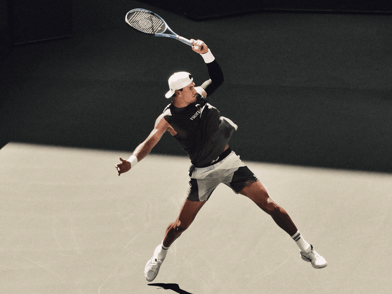 British No.1 tennis player Jack Draper hitting a forehand during a match