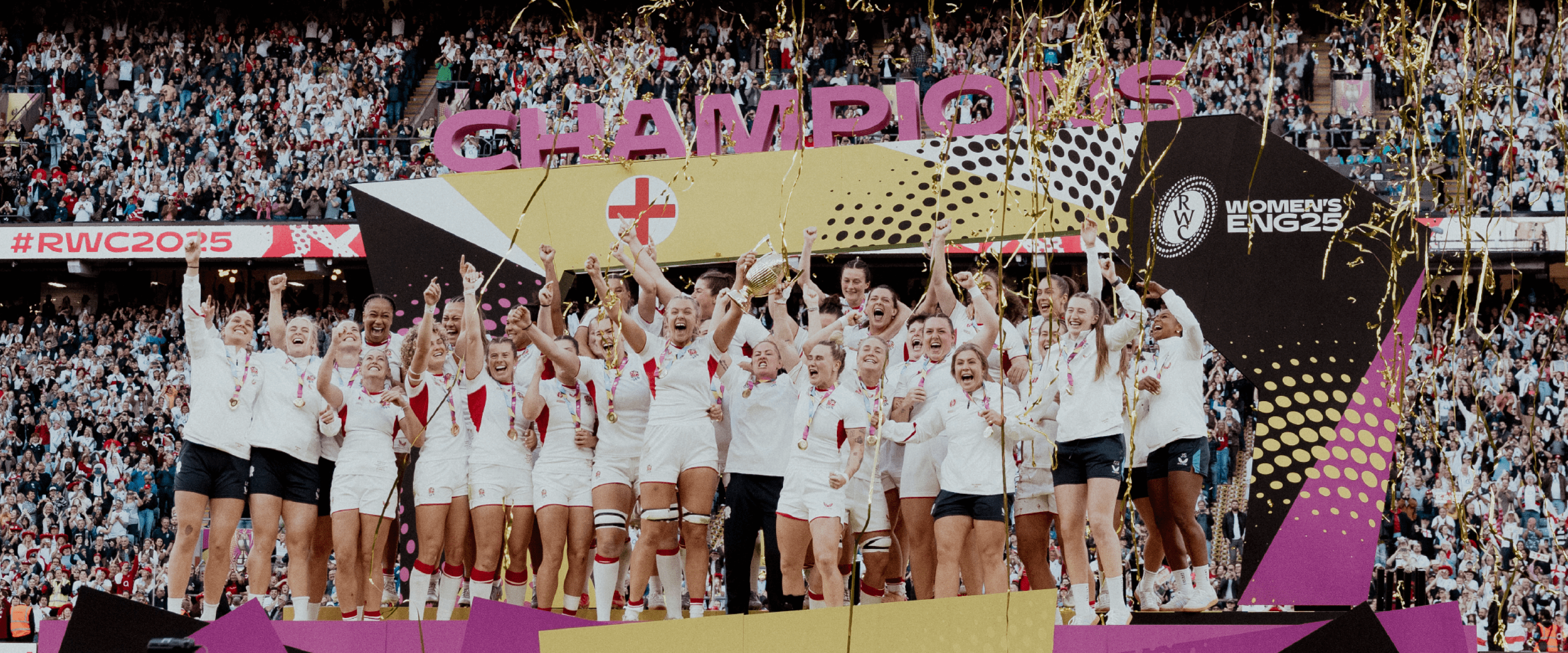 Red Roses lifting the 2025 Women's Rugby World Cup trophy at Allianz Stadium after winning the final against Canada