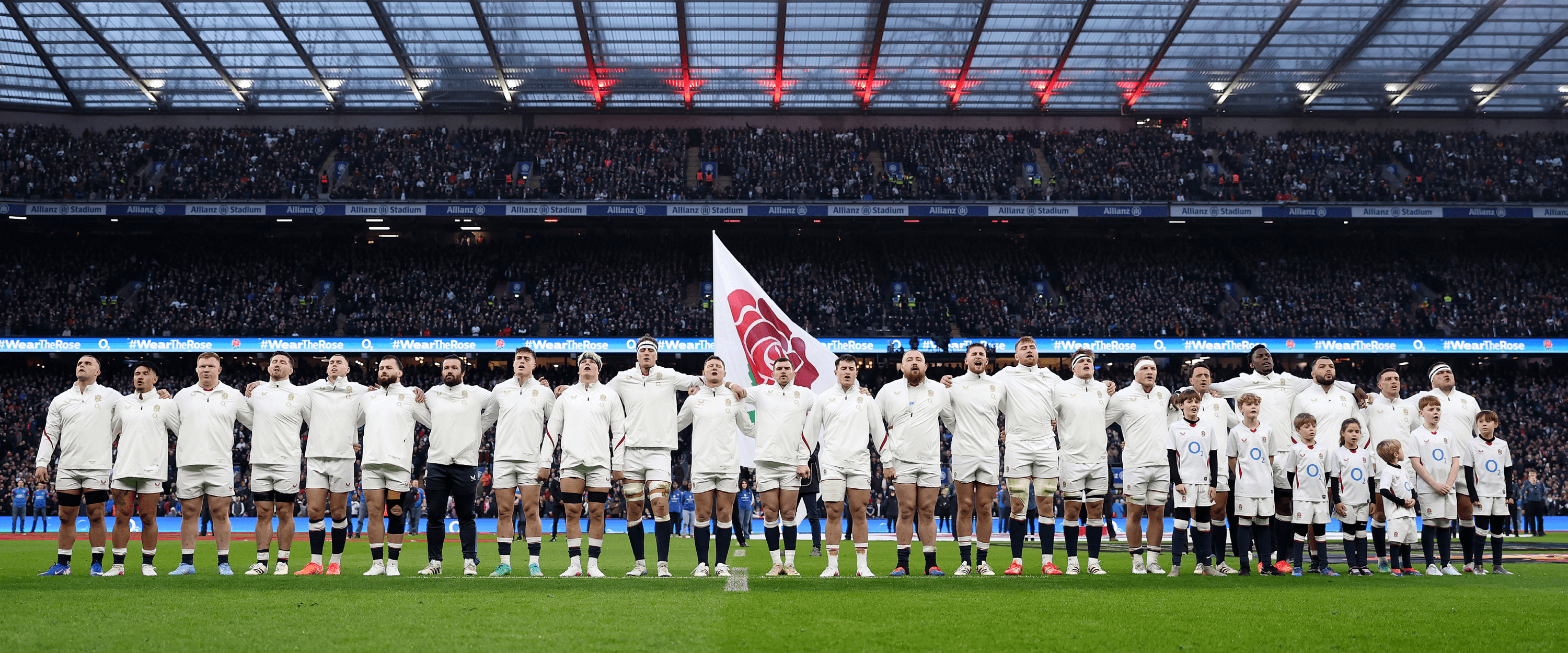The England Rugby team lining up for the national anthem at the beginning of England v Wales in the 2026 Guinness Men's Six Nations