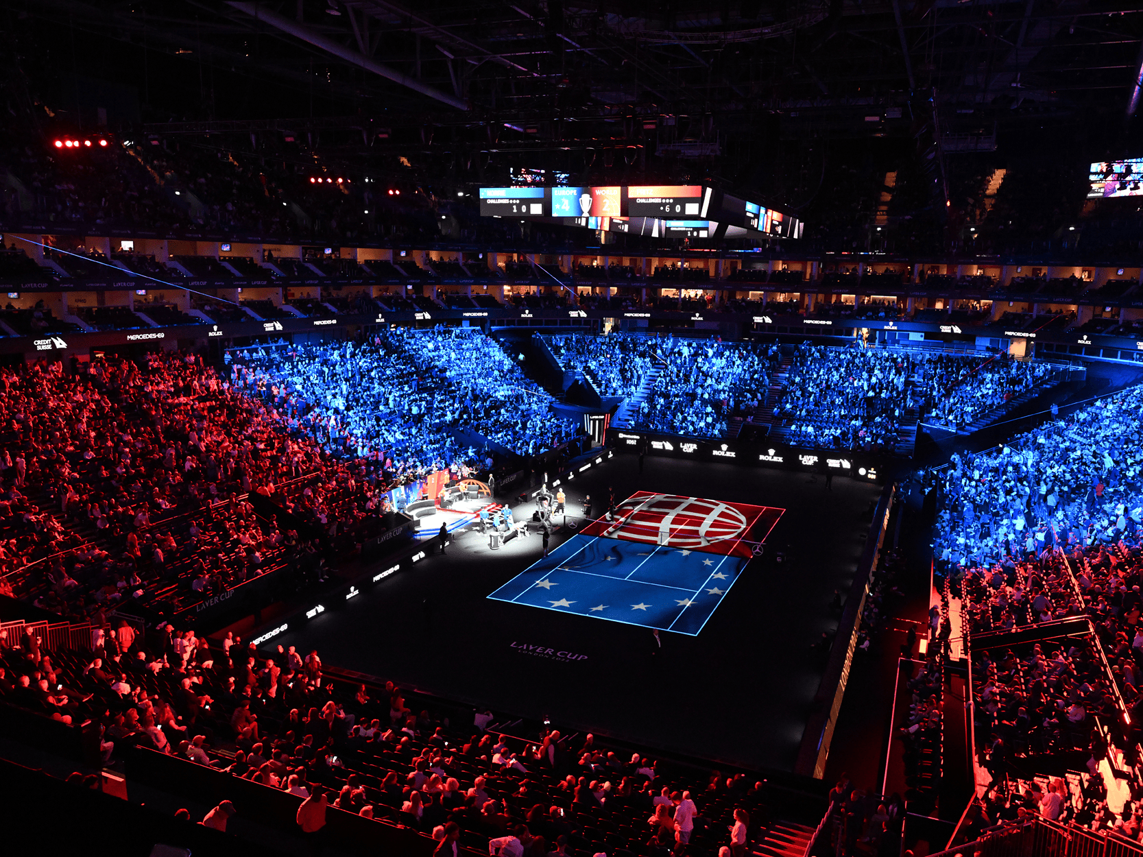The Laver Cup tennis arena showing the court and the crowd