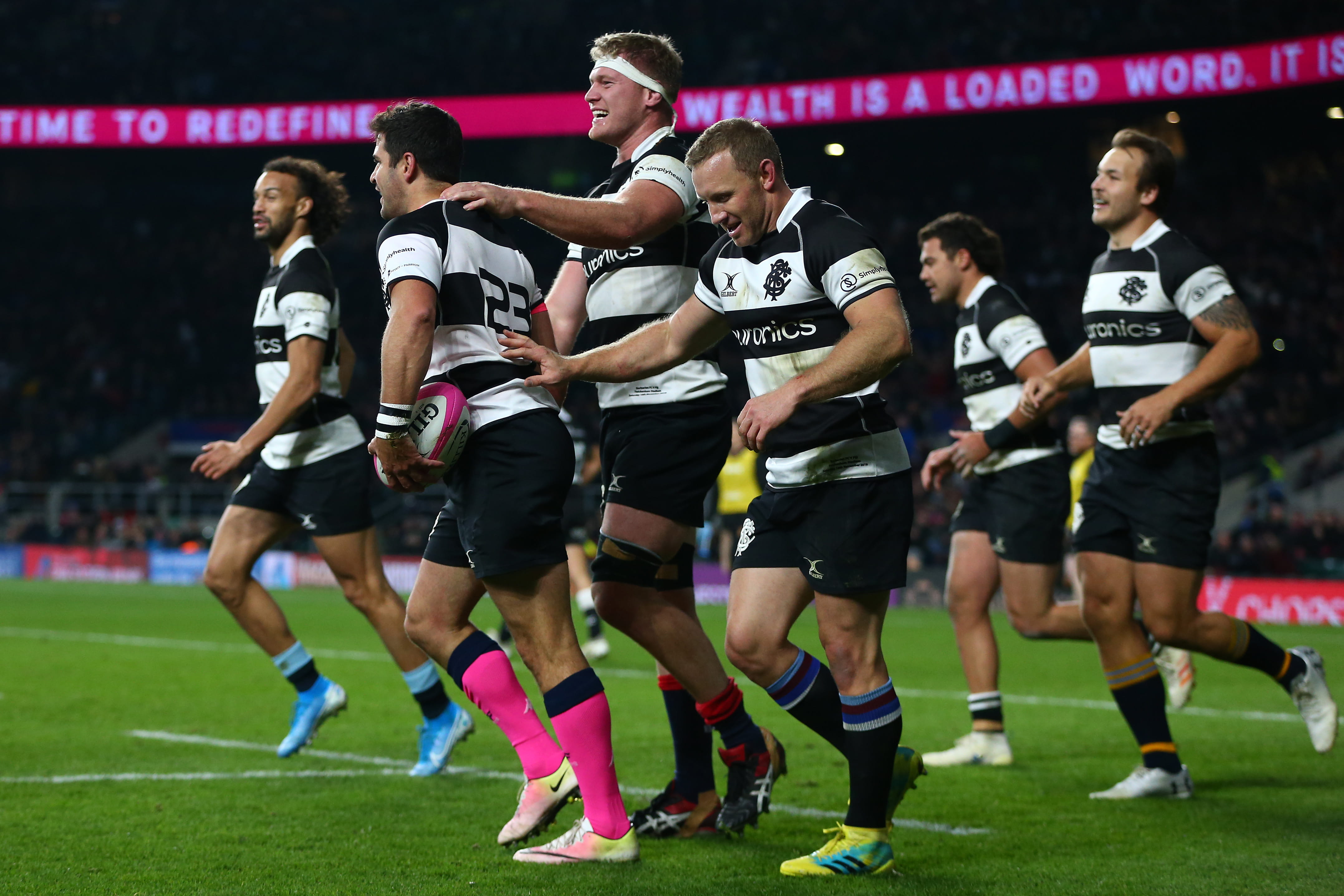 Keith Prowse Rugby - Barbarians vs England: Adeolokun chases down Jonny May as he scores his 77th minute try in 2018