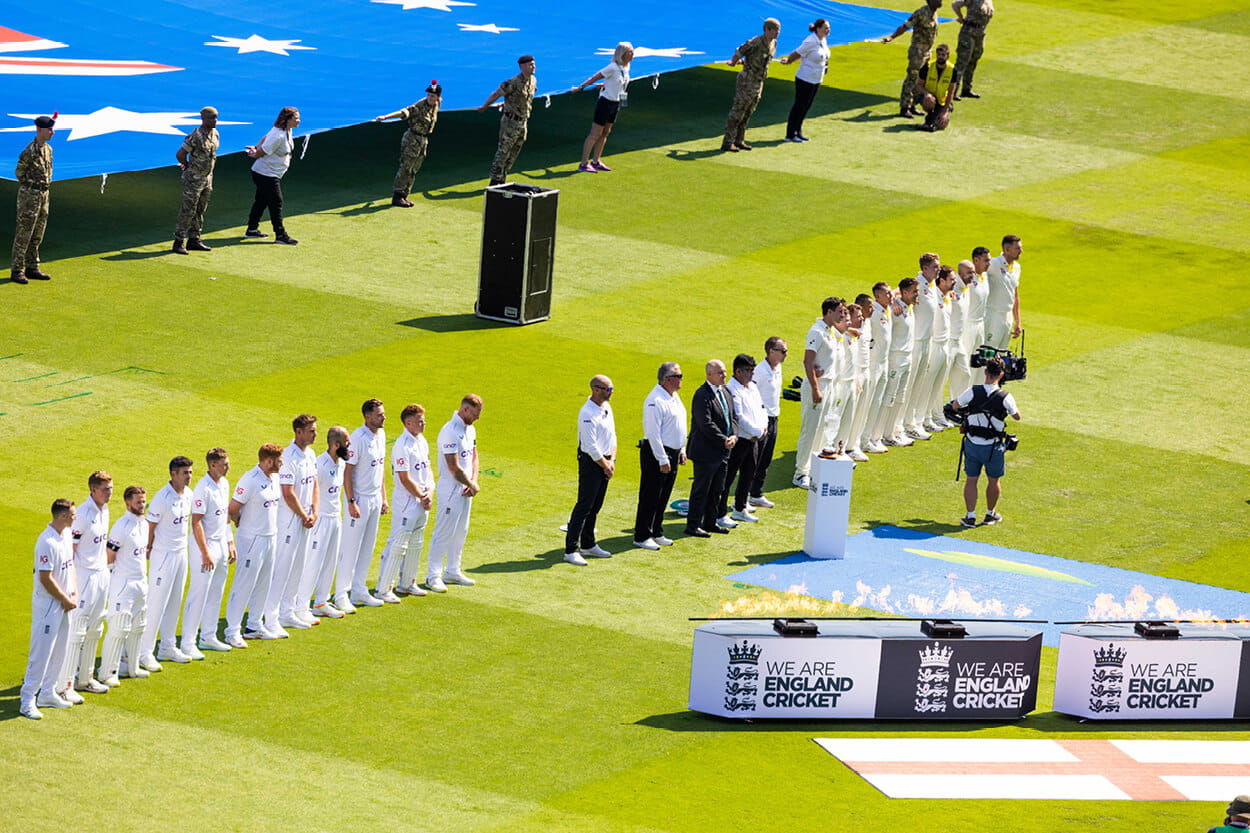 England cricket team lining up for the 2023 Ashes Series against Australia