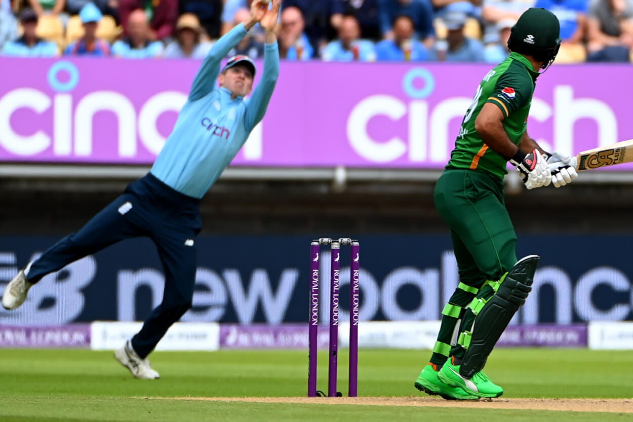 England cricketer catching the ball from a Pakistan batter in an ODI