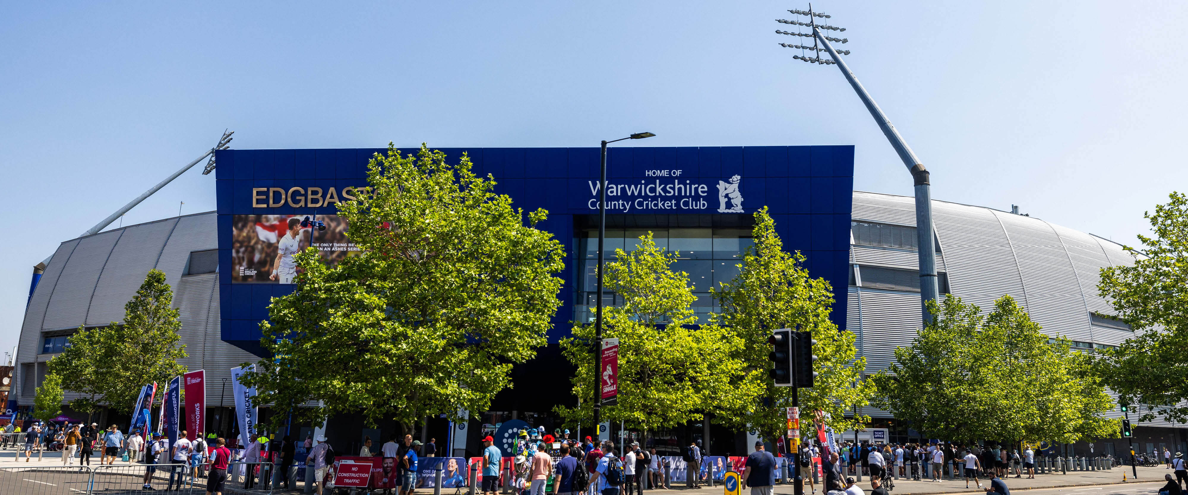 The entrance of Edgbaston Cricket Stadium in Birmingham with fans outside going in for a match