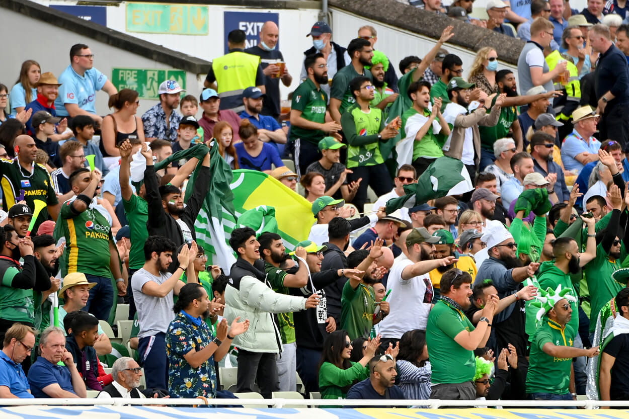 Pakistan cricket fans cheering in the stands at Edgbaston Stadium