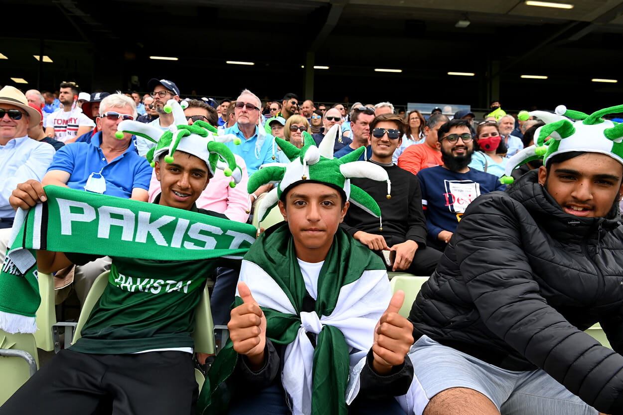 Three Pakistan cricket fans sat in the stands at Edgbaston Stadium for the England v Pakistan ODI
