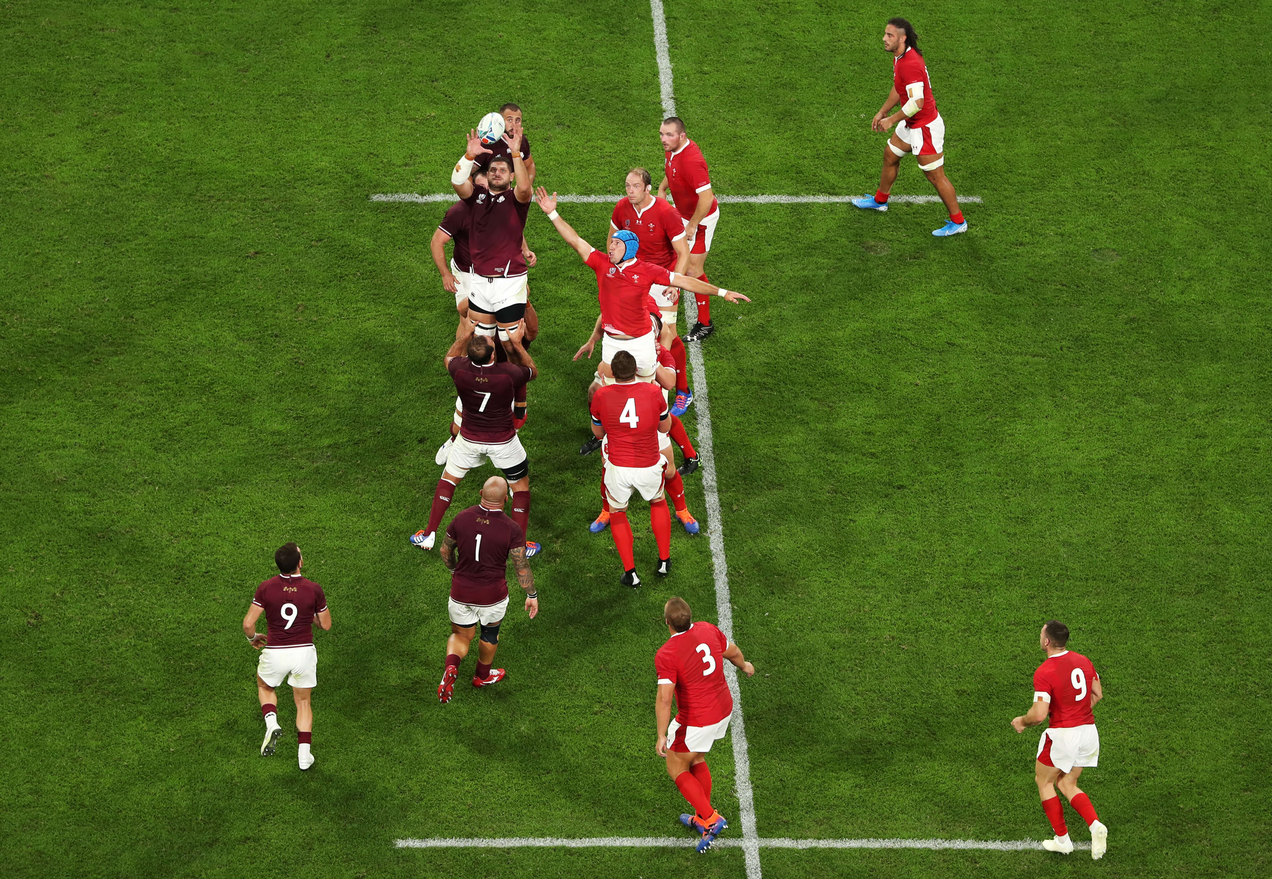 Keith Prowse Rugby - Nemsadze and Tipuric compete to win a lineout in the Wales vs Georgia Rugby World Cup fixture 2019