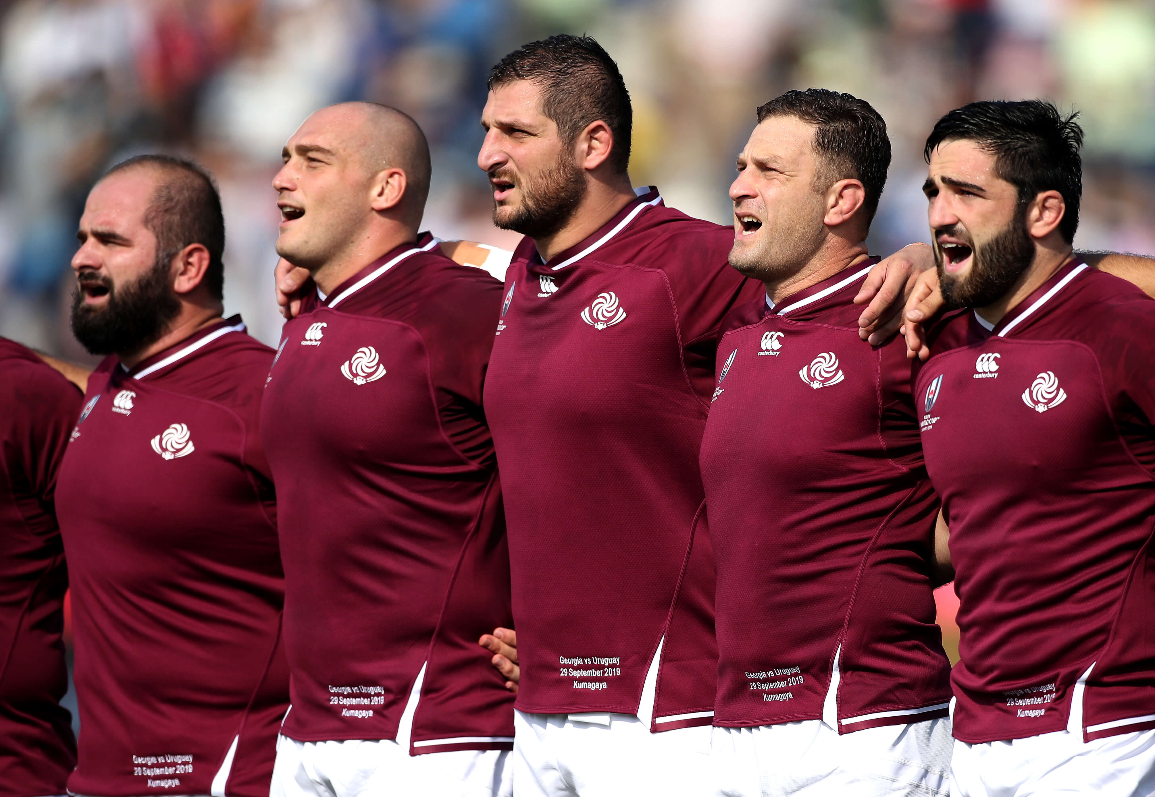 Keith Prowse Rugby - the Georgian Rugby World Cup team sing the national anthem before taking on Uruguay in 2019