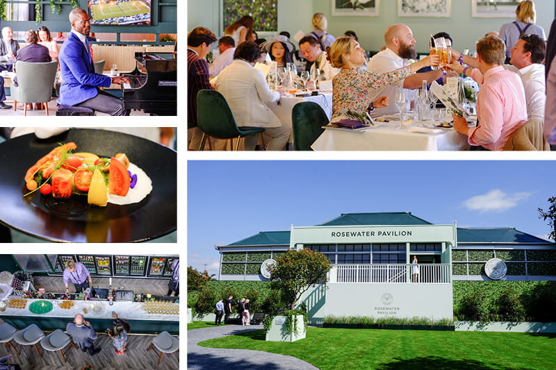 Rosewater Pavilion hospitality space at Wimbledon showing different areas including the entrance and dining