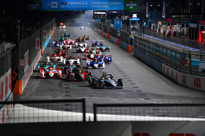 Formula E racing cars on the track at Excel in London for the London E-Prix