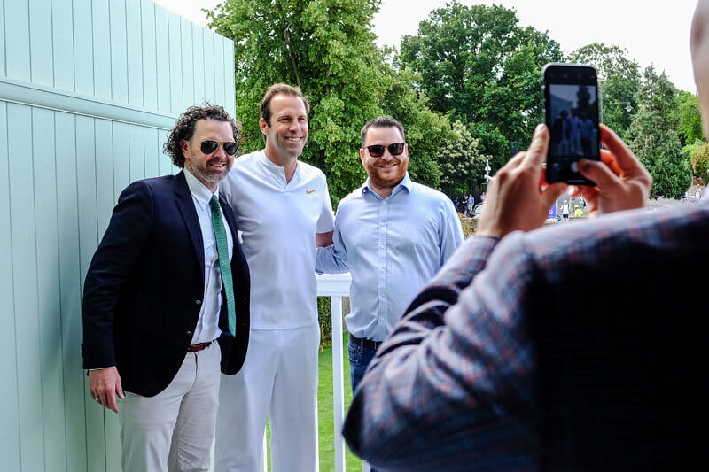 Greg Rusedski with hospitality guests at Rosewater Pavilion at Wimbledon
