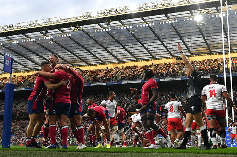 England rugby team celebrating scoring against Tongan the autumn nations series 2021