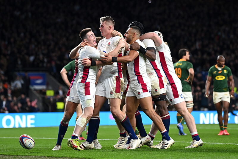 England rugby team celebrating a win at Twickenham Stadium in the Autumn Nations Series 2021