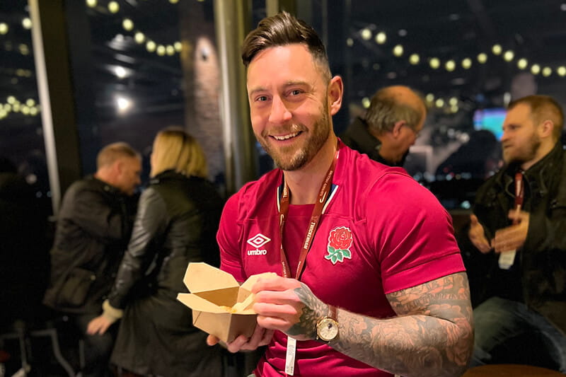 Influencer and model Lewis Craddock inside The British Airways Rose Garden enjoying the food on offer