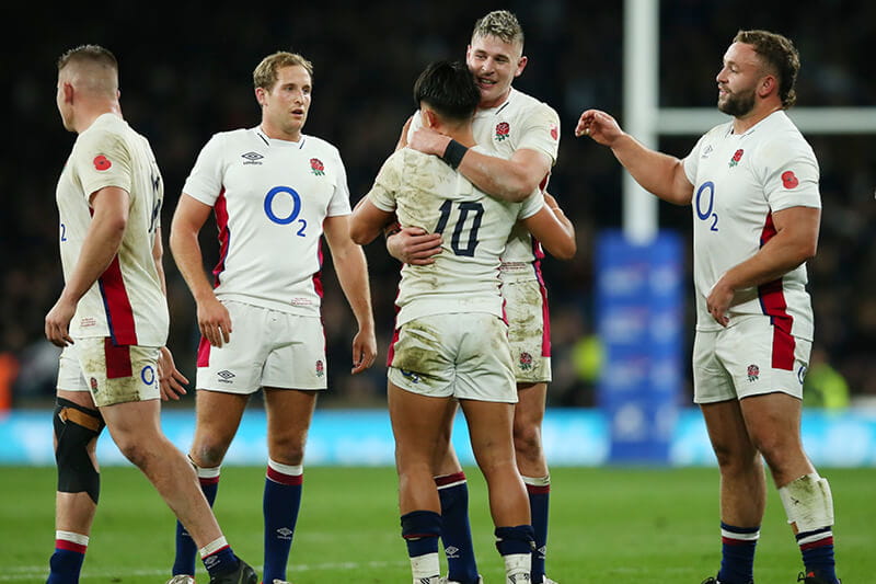 England rugby team celebrating a goal in the autumn international series
