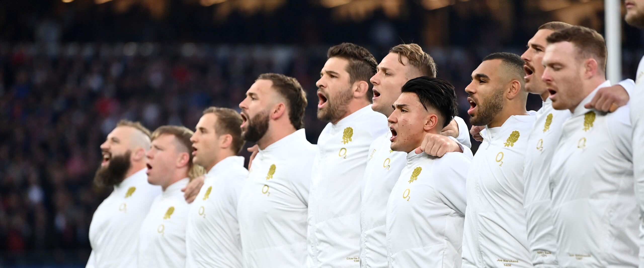 England rugby team singing the national anthem at beginning of autumn international game