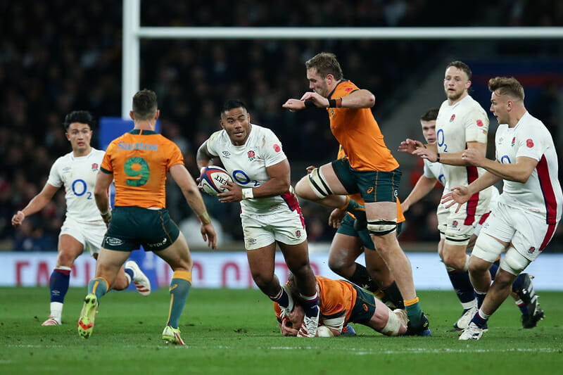 England rugby team with the ball in their match against Australia in the autumn internationals