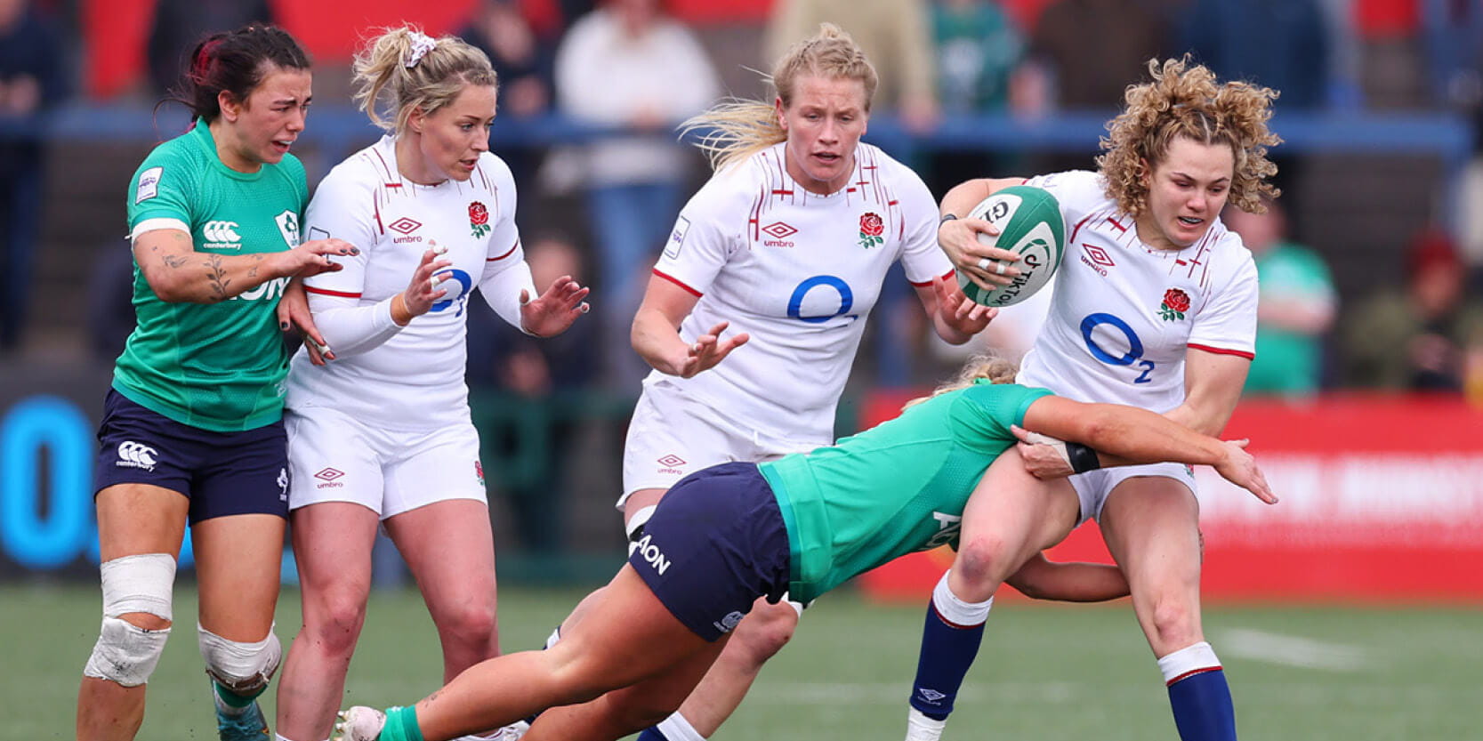 England women's rugby players against Ireland women in the 2023 Six Nations rugby tournament