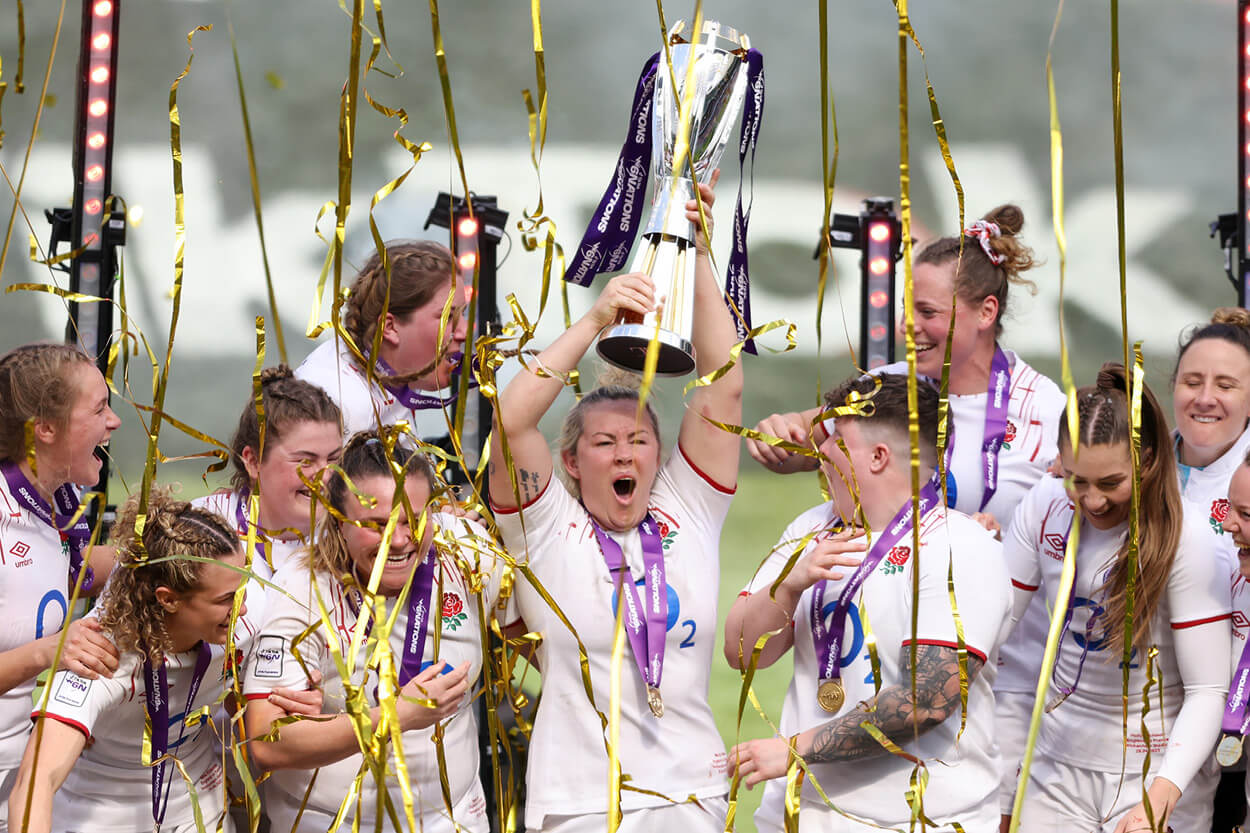 England women's rugby and Red Roses player Marlie Packer lifting the 2023 Women's Six Nations trophy at Twickenham Stadium