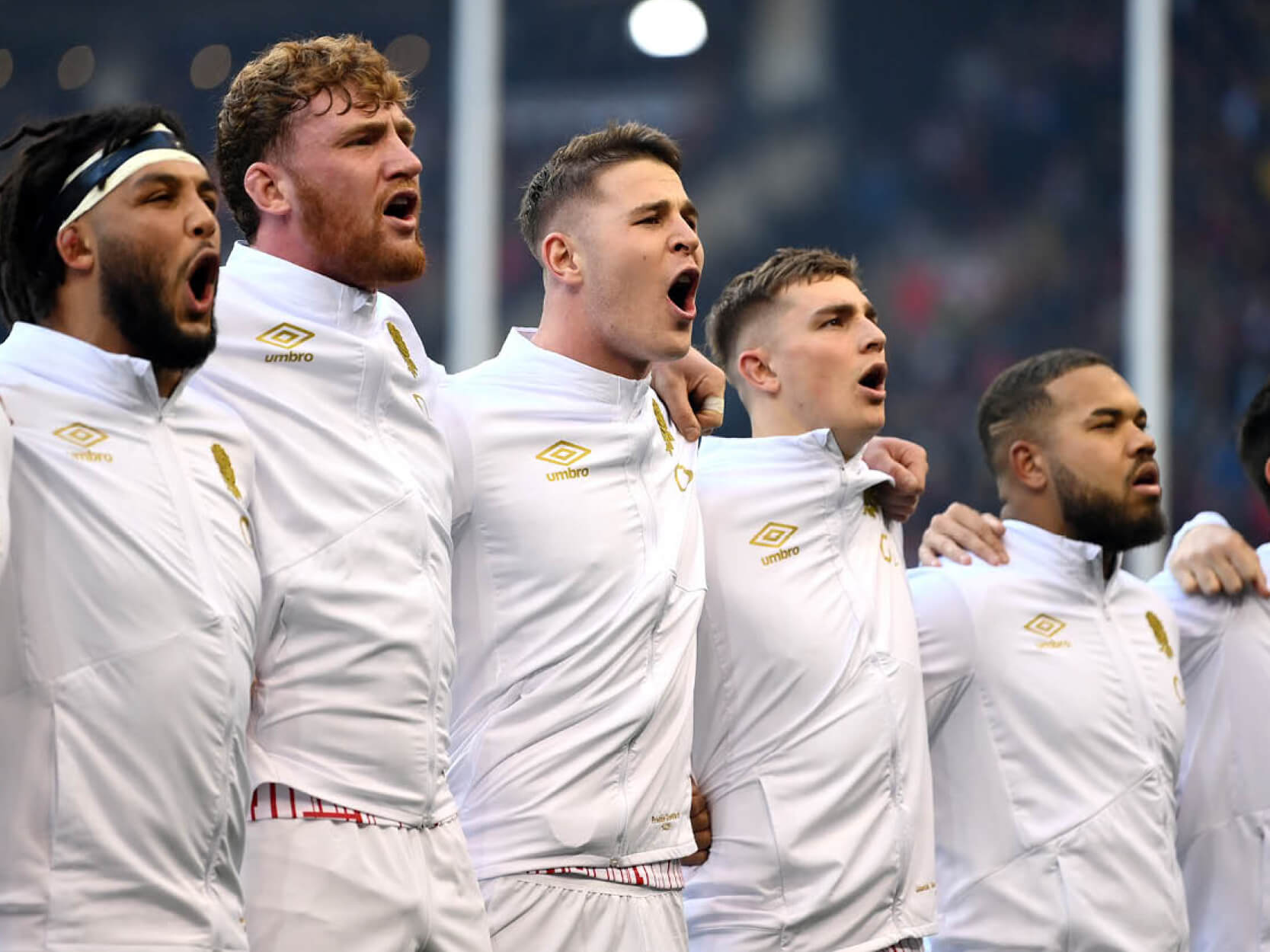 The England Rugby Team lining up singing the national anthem at Twickenham Stadium in the Six Nations