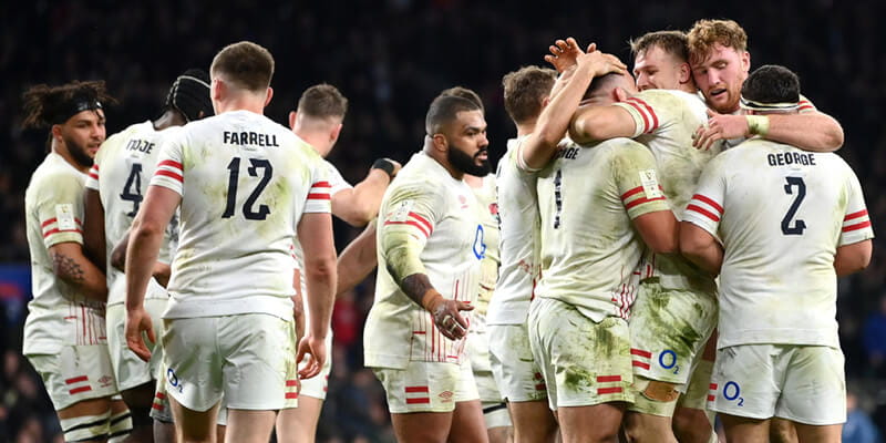 England rugby team playing at Twickenham Stadium, the home of England rugby