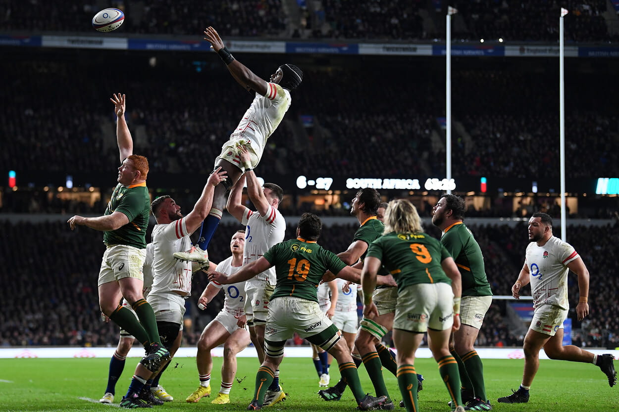 England playing South Africa in the Autumn Nations Series in 2024 at Twickenham Stadium with Mark Itoje jumping for the ball