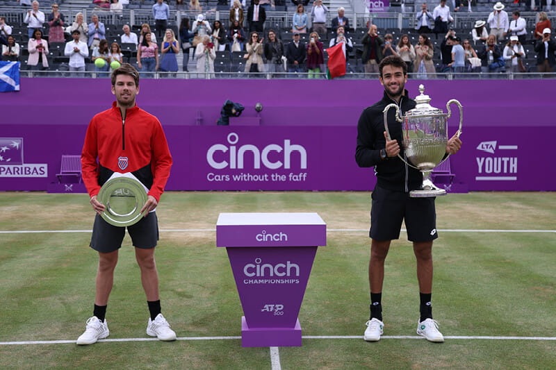 Cameron Norrie and Matteo Berrettini at the 2021 cinch Championships finals at The Queen's Club with their trophy's