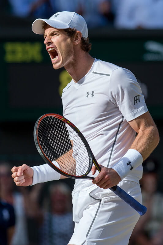 Andy Murray celebrating winning a point at Wimbledon