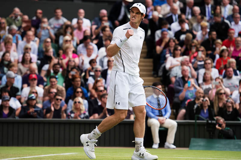 Andy Murray on Centre Court at Wimbledon celebrating winning a point