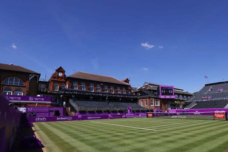 The Queen's Club centre court and main pavilion with empty seating