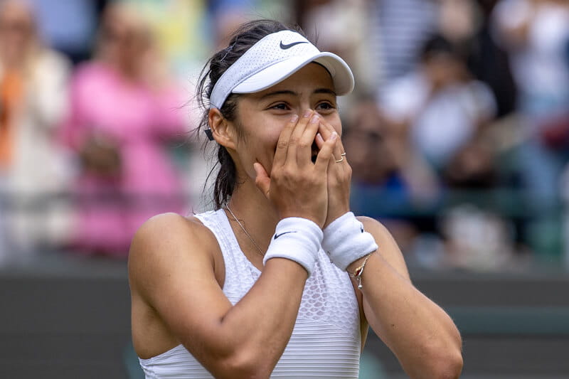 Emma Raducanu winning a point at Wimbledon in 2021