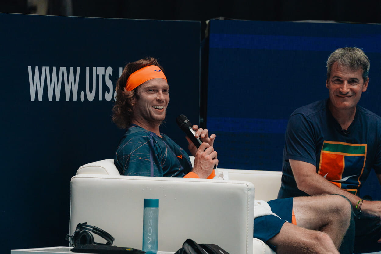 Tennis player Andrey Rublev sitting with coach having an interview during the UTS tennis tournament in Frankfurt