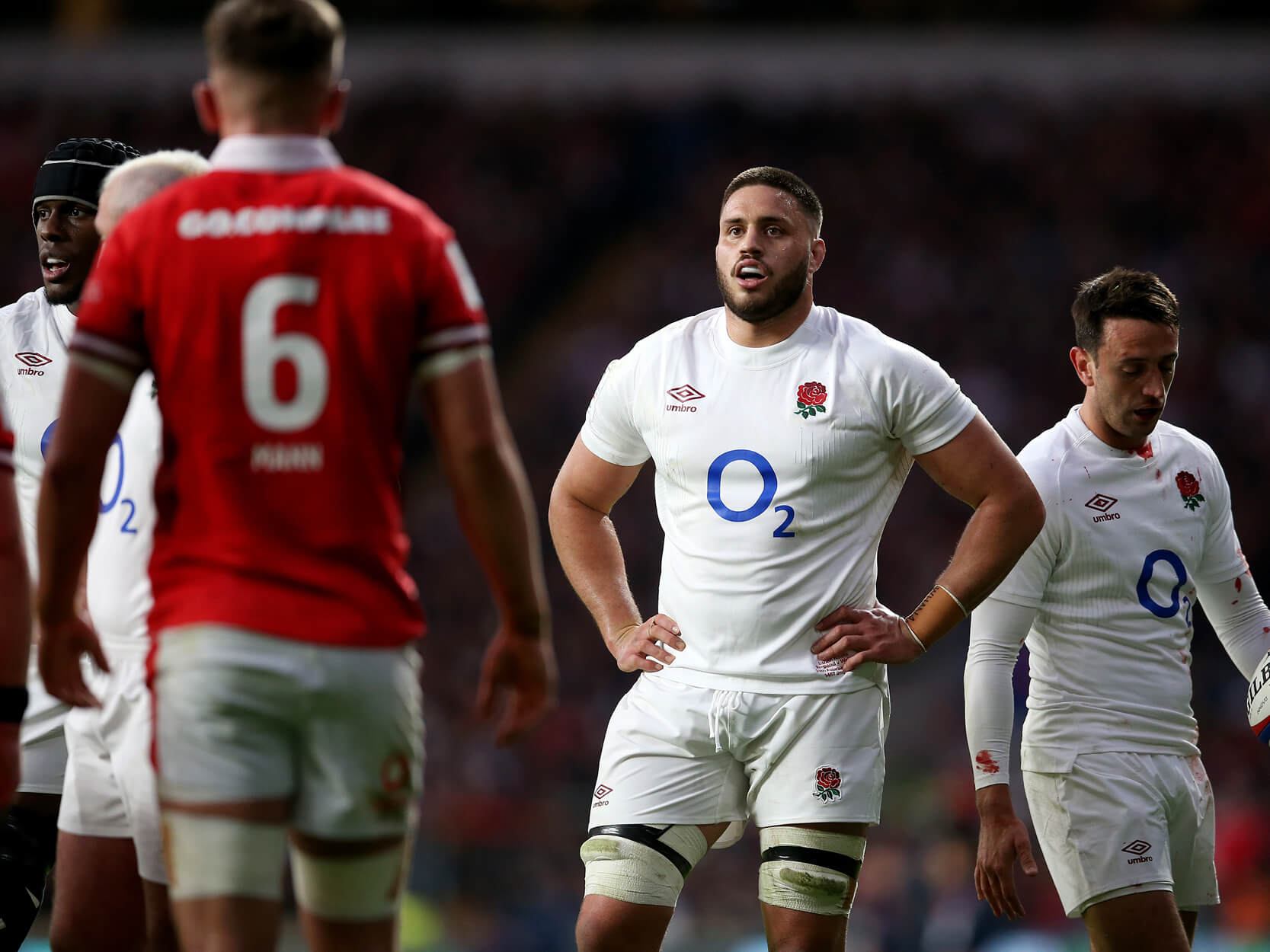 England Rugby player Ethan Roots on the pitch at Twickenham during a match against Wales in the 2024 Guinness Men's Six Nations