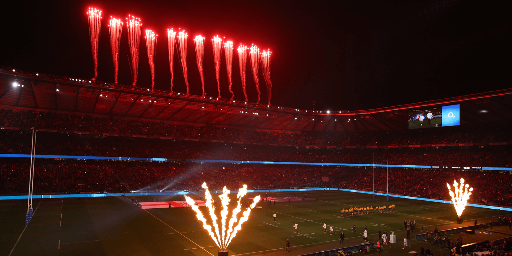 Fireworks at the opening ceremony of England v Australia in the Autumn Nations Series rugby tournament at the Allianz Stadium formerly known as Twickenham Stadium