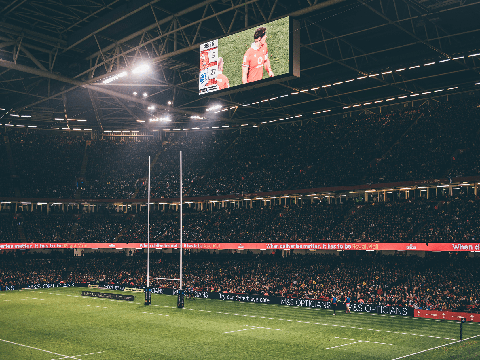 View of the rugby pitch at Principality Stadium during a Welsh rugby union match for the Six Nations
