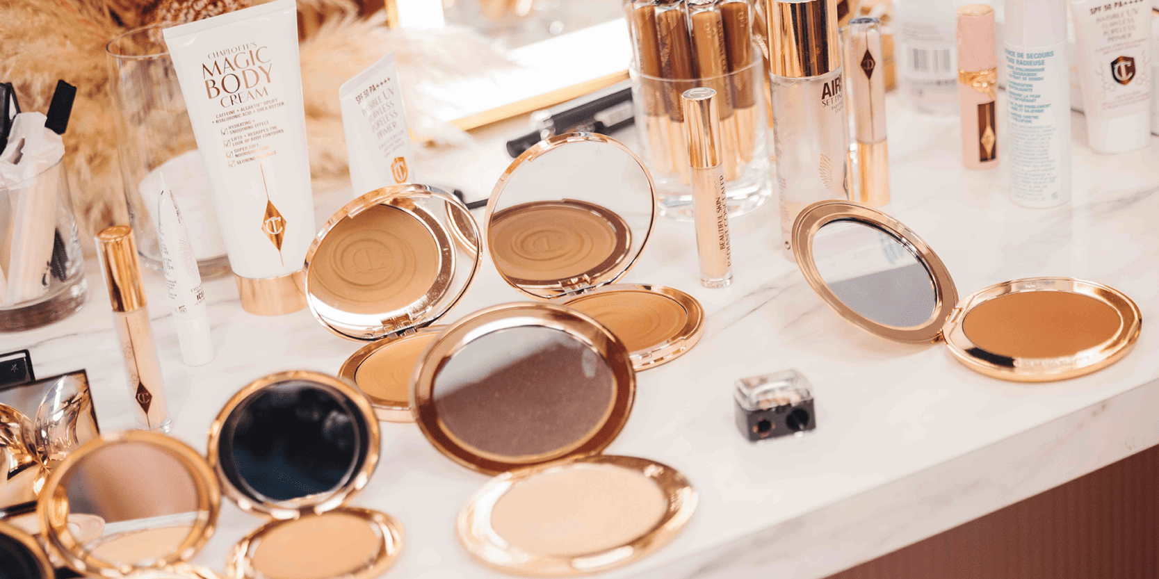 Makeup lined up in the pamper room for Charlotte Tilbury