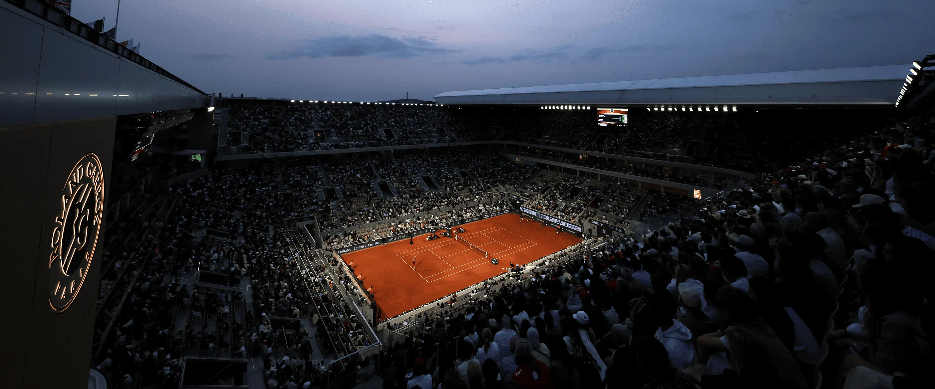 Roland Garros French Open tennis court in 2026 under the night