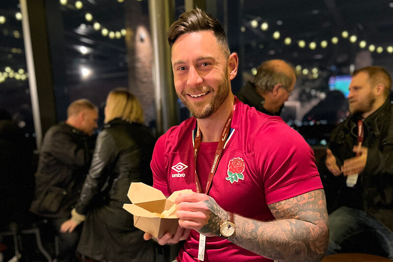 Influencer and model Lewis Craddock inside The British Airways Rose Garden enjoying the food on offer