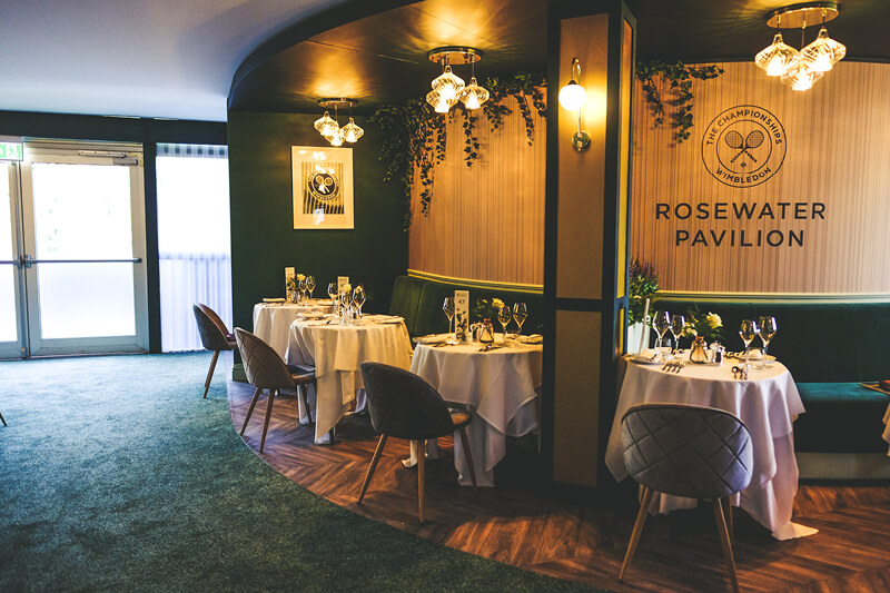 Dining area in Rosewater Pavilion hospitality space at The Championships Wimbledon 