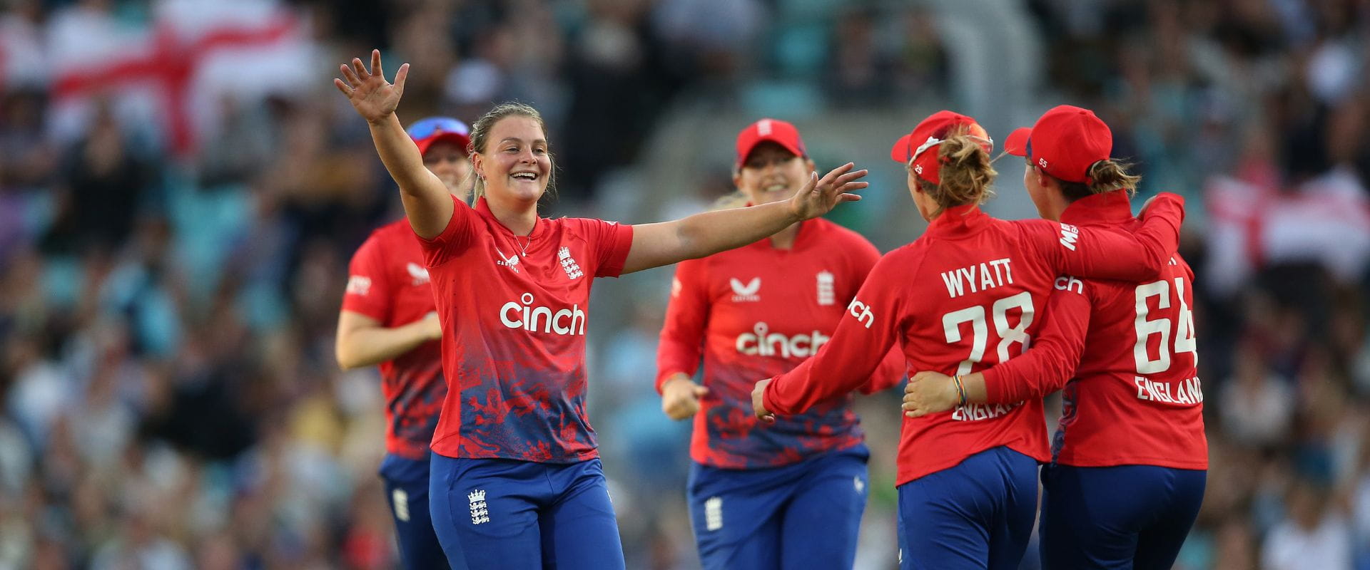The England Women cricket team celebrate a wicket