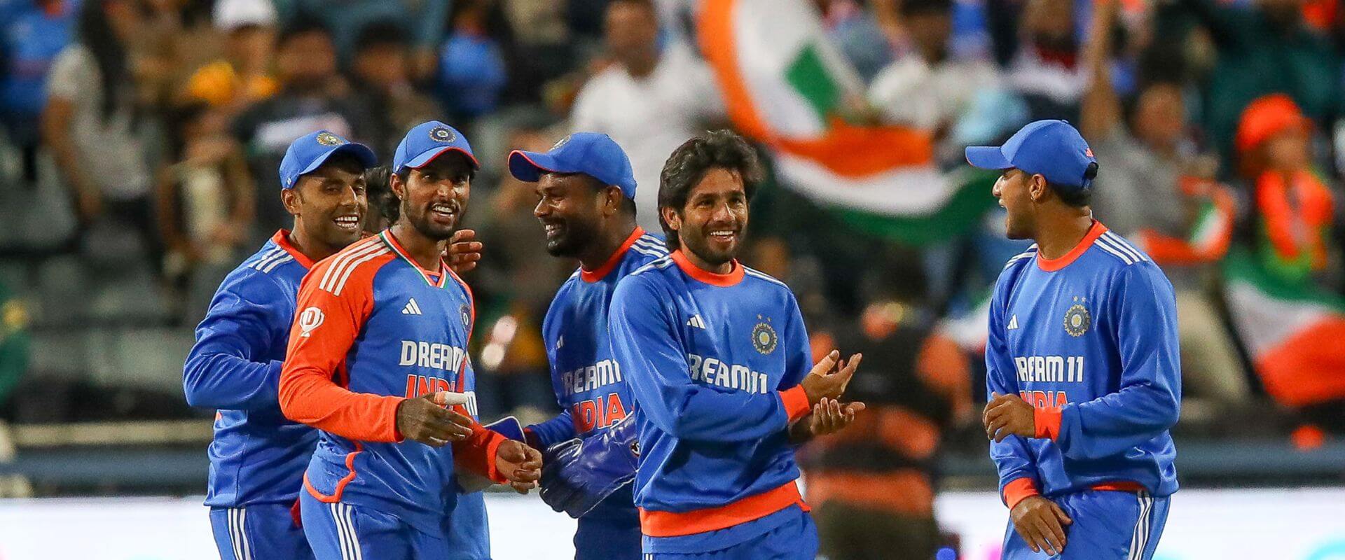 India cricket team celebrate taking a wicket