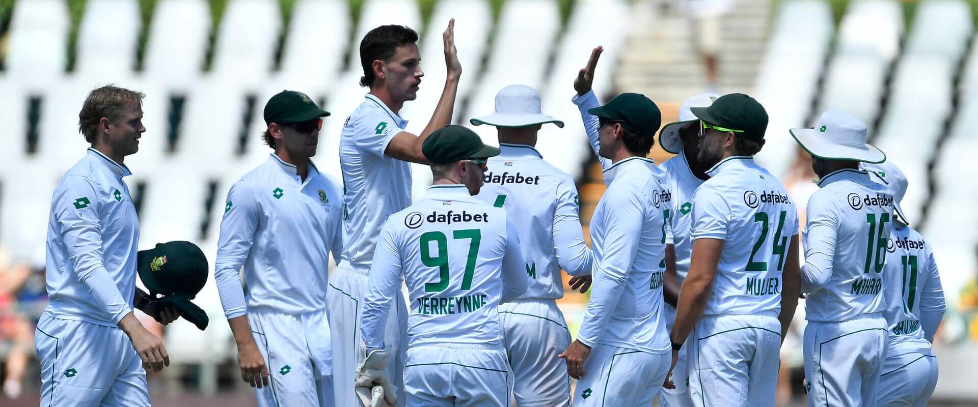 South Africa cricket team celebrate taking a wicket
