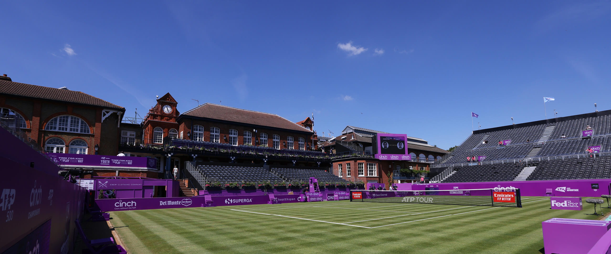 Wide angle view from a corner of the Queen's Club tennis court