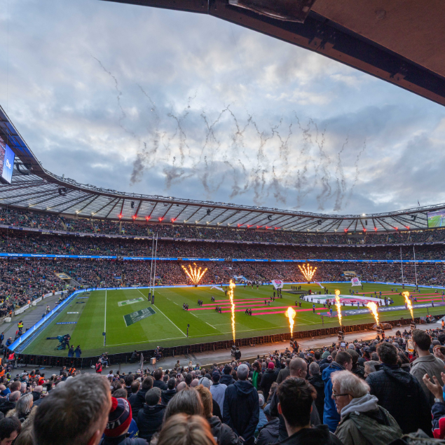 Rugby stadium with fireworks