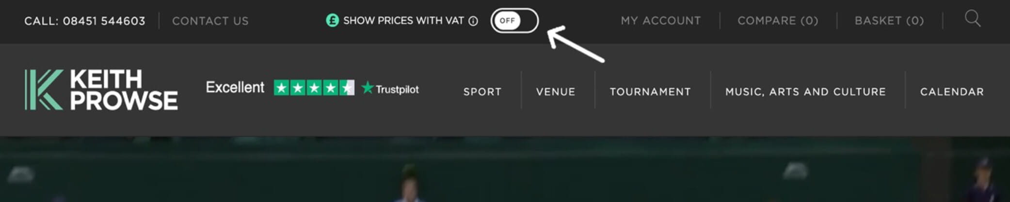 VAT toggle visible on the Keith Prowe website in the header allowing customers to view prices with or without VAT