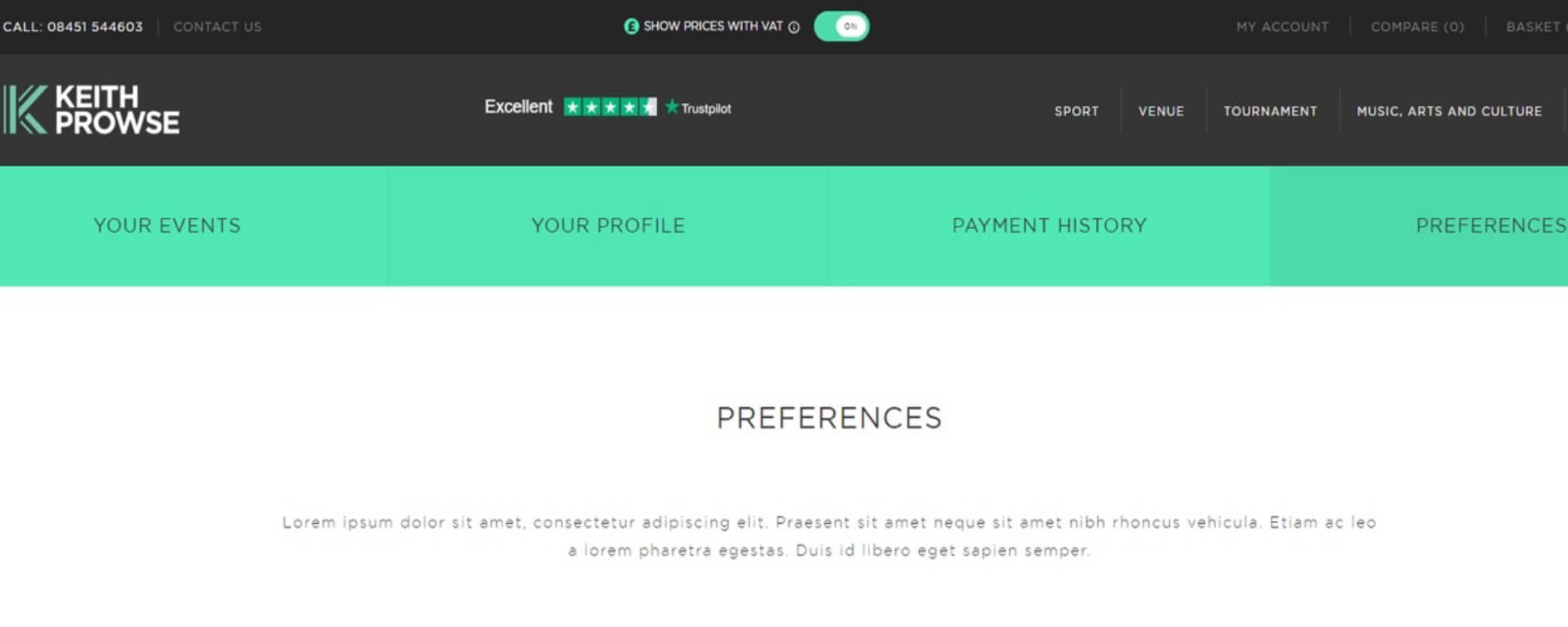 View of my account for Keith Prowse customers who can update their preferences and view prices including VAT or excluding VAT with new toggle functionality