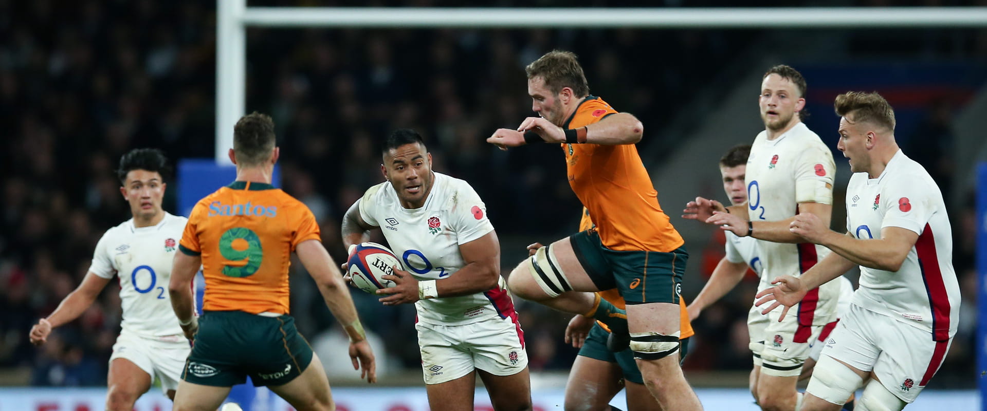 England's Manu Tuilagi makes a break against Australia in the Autumn Nations Series