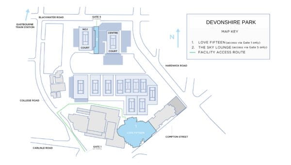 A map of Devonshire Park in Eastbourne