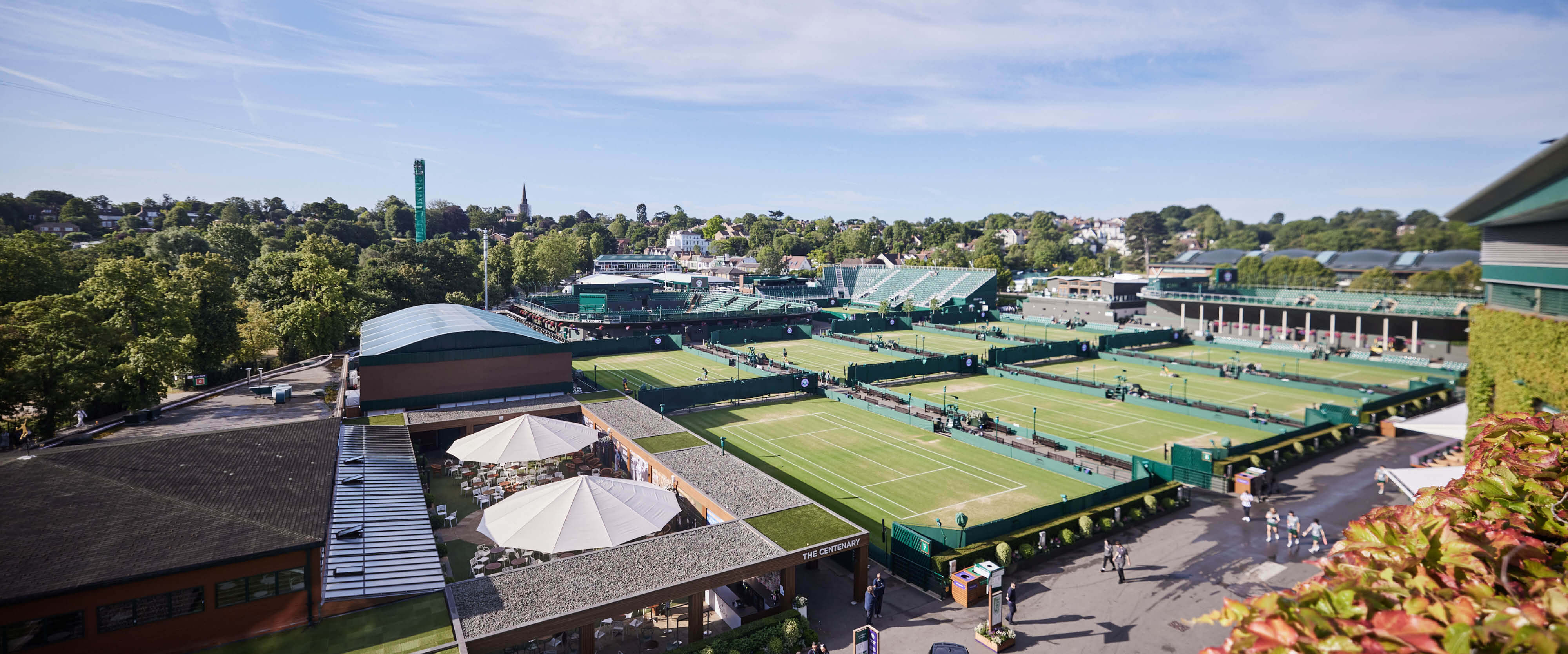 View from the Skyview Suites terrace overlooking courts at The Championships Wimbledon